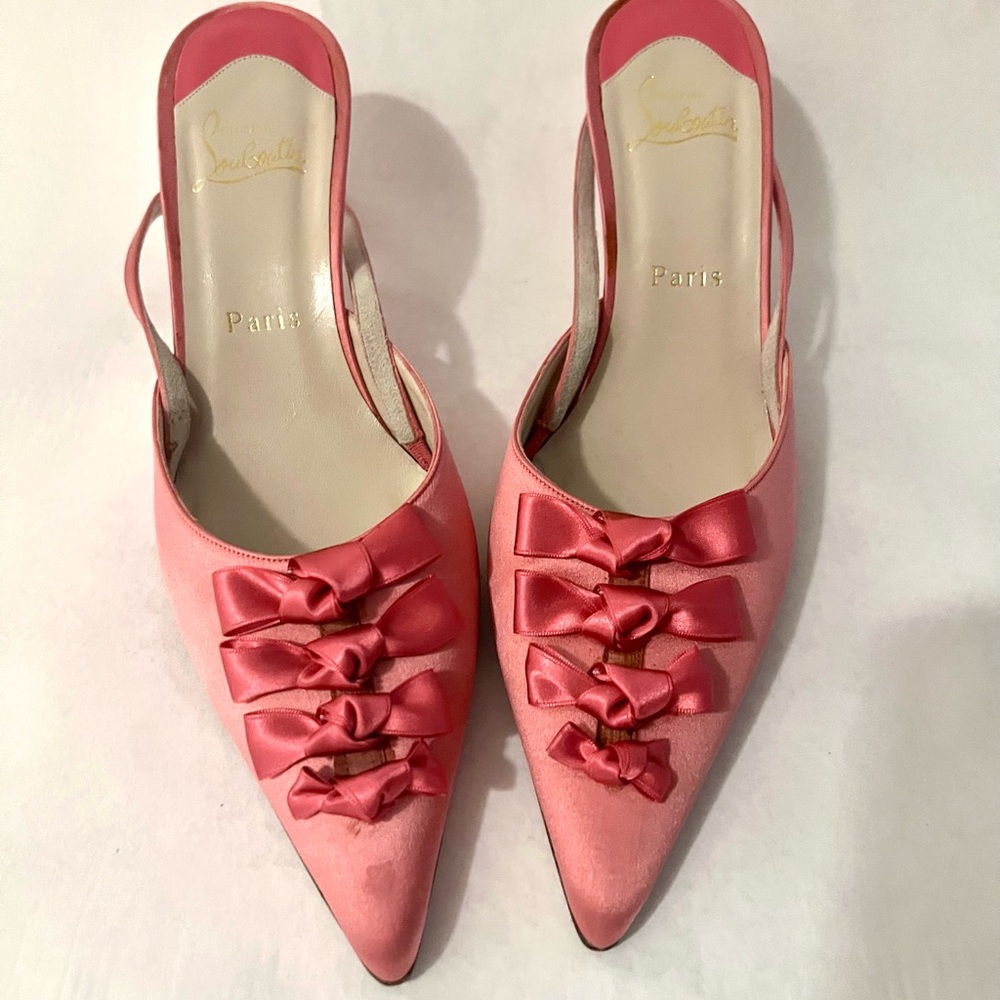 Christian Louboutin Pink Satin Slingback Heels with Bows – Size 42